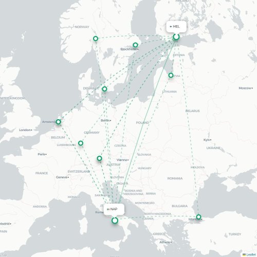 Mapa de vuelo directo Helsinki - Nápoles