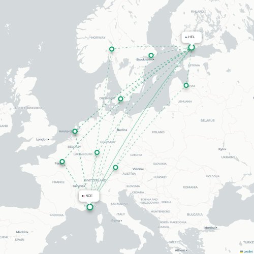 Mapa de vuelo directo Helsinki - Niza