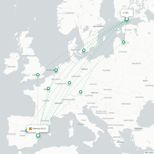 Helsingfors - Valencia karta över direktflyg