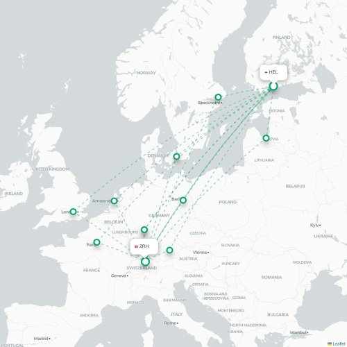 Mapa de vuelo directo Helsinki - Zúrich