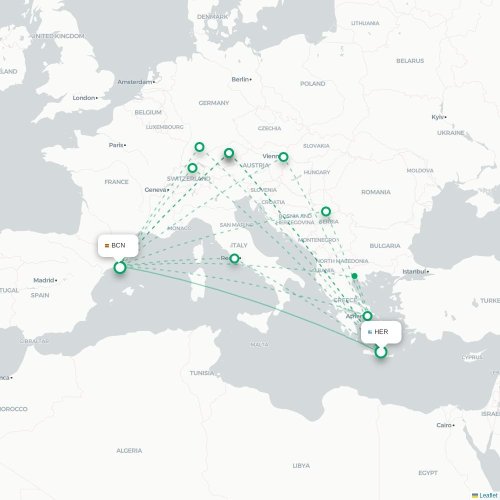 Mapa de vuelo directo Heraclión - Barcelona