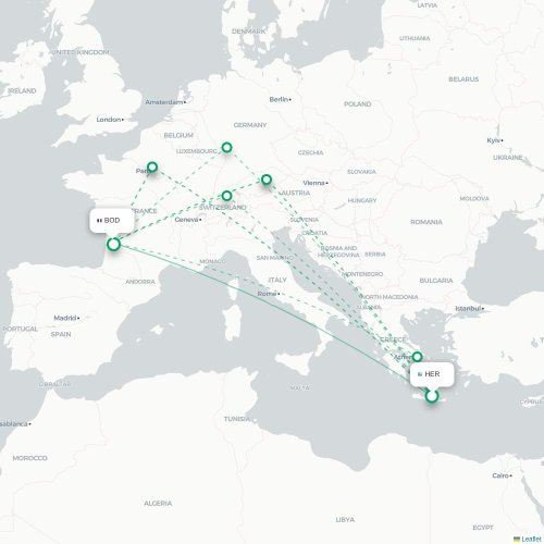 Mapa de vuelo directo Heraclión - Burdeos