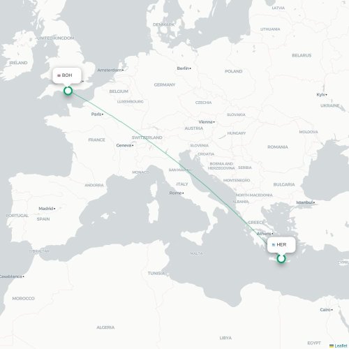 Mapa de vuelo directo Heraclión - Bournemouth