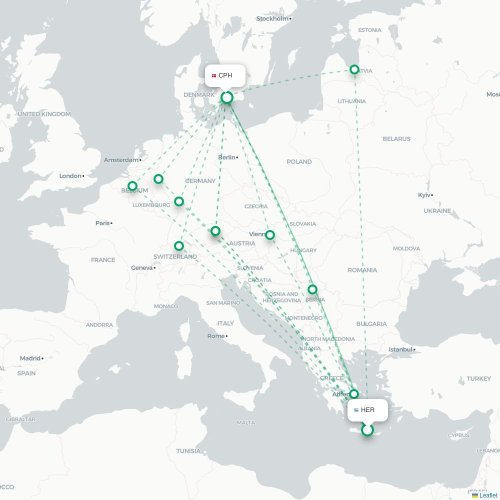 Heraklion - København kort over direkte fly