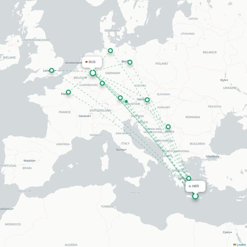 Mapa de vuelo directo Heraclión - Düsseldorf