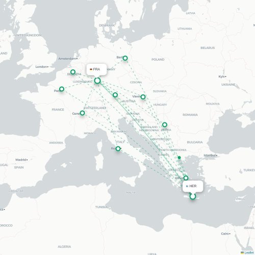 Mapa de vuelo directo Heraclión - Fráncfort