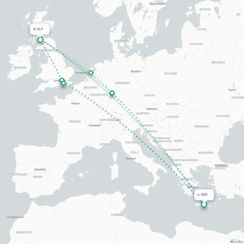 Mapa de vuelo directo Heraclión - Glasgow