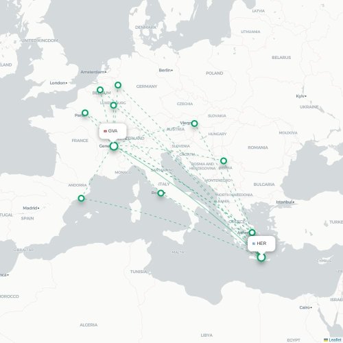 Mapa de vuelo directo Heraclión - Ginebra