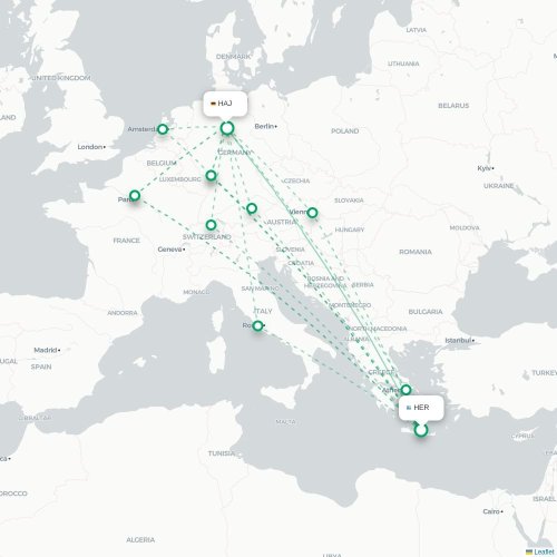 Mapa de vuelo directo Heraclión - Hannover