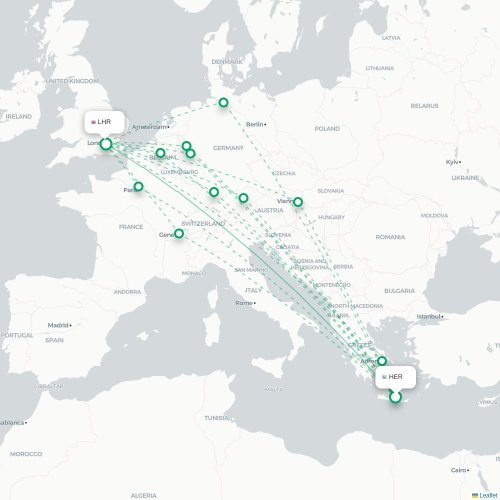 Mapa de vuelo directo Heraclión - Londres