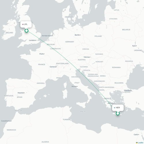 Mapa de vuelo directo Heraclión - Liverpool
