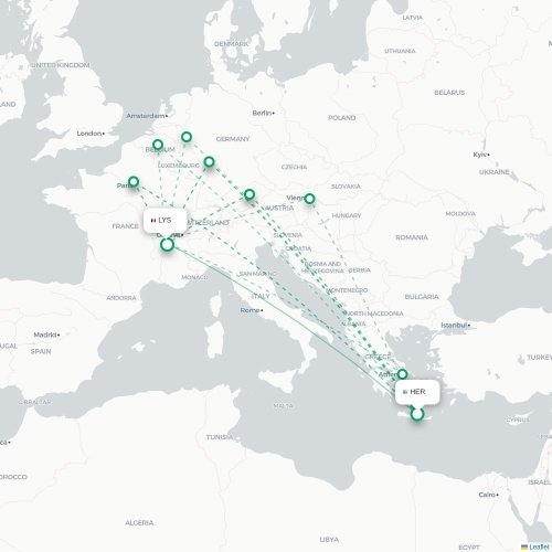 Mapa de vuelo directo Heraclión - Lyon