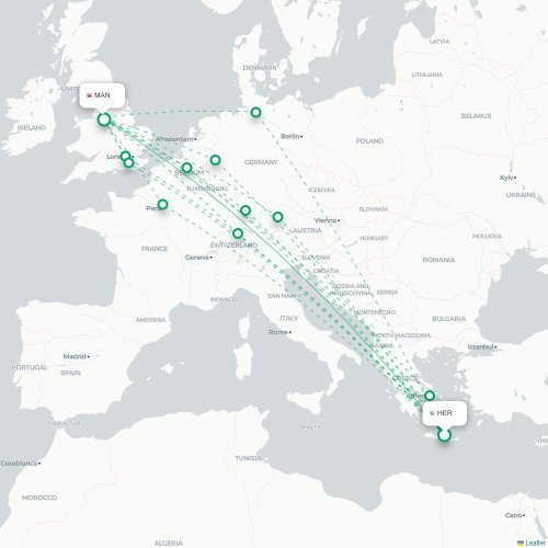 Mapa de vuelo directo Heraclión - Mánchester