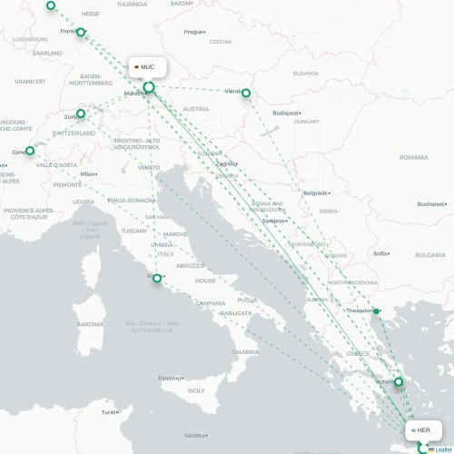 Mapa de vuelo directo Heraclión - Múnich