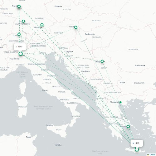 Mapa de vuelo directo Heraclión - Milán