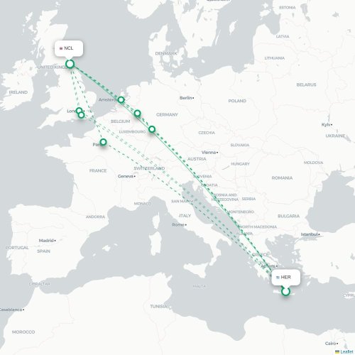 Mapa de vuelo directo Heraclión - Newcastle-upon-Tyne
