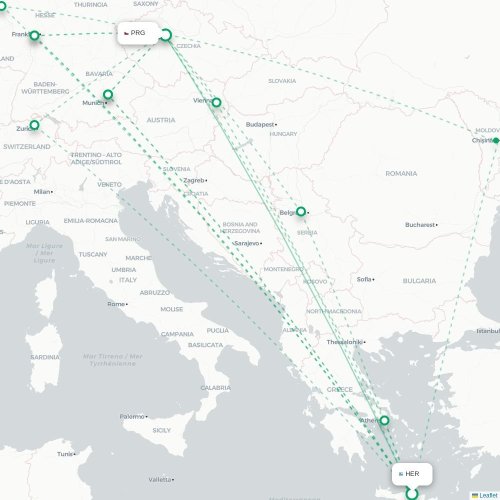 Mapa lotu bezpośredniego Heraklion – Praga