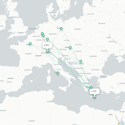 Mapa de vuelo directo Heraclión - Zúrich