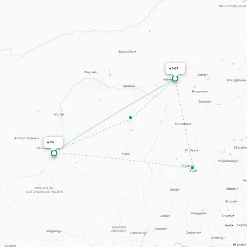 Mapa de vuelo directo Hohhot - Yinchuan