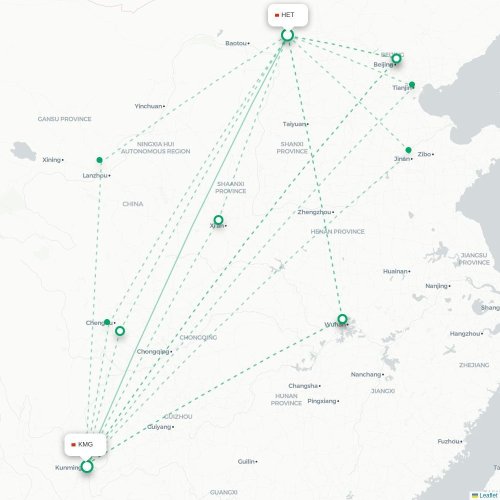 Mapa de vuelo directo Hohhot - Kunming