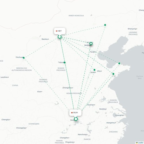 Mapa de vuelo directo Hohhot - Wuhan