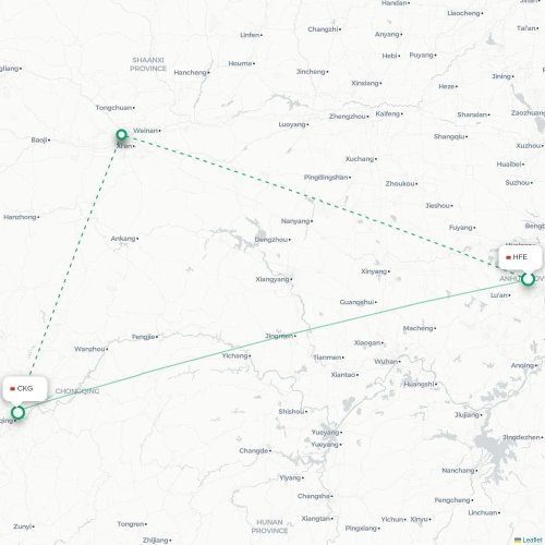 Mapa lotu bezpośredniego Hefei – Chongqing