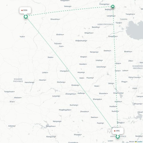 Mapa lotu bezpośredniego Hefei – Ordos City