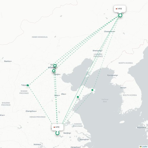 Mapa lotu bezpośredniego Hefei – Harbin