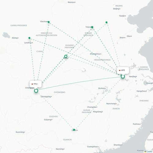 Mapa lotu bezpośredniego Hefei – Chengdu