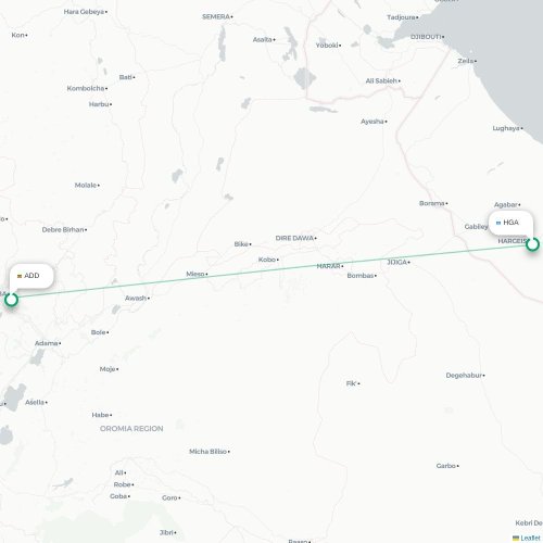 Hargeisa – Addis Abeba suoran lennon kartta
