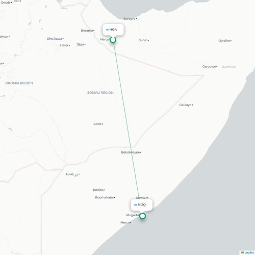 Hargeisa – Mogadishu suoran lennon kartta