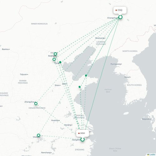 Mapa de vuelo directo Hangzhou - Changchun