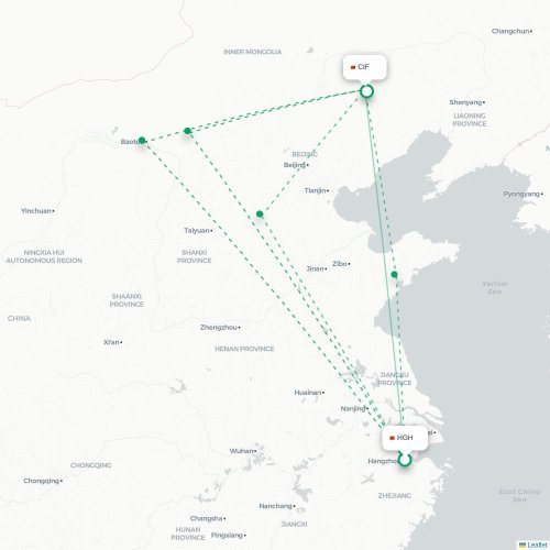 Mapa de vuelo directo Hangzhou - Chifeng