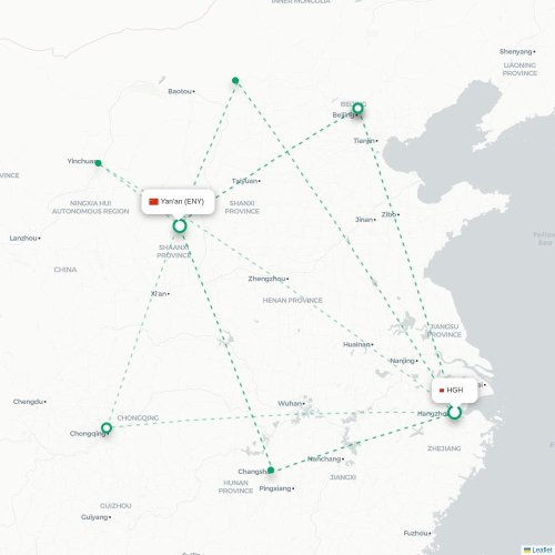 Mapa lotu bezpośredniego Hangzhou – Yan’an