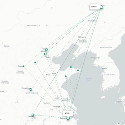 Mapa lotu bezpośredniego Hangzhou – Harbin