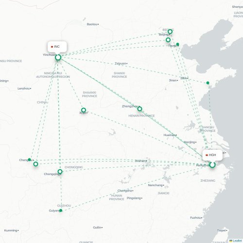 Mapa de vuelo directo Hangzhou - Yinchuan