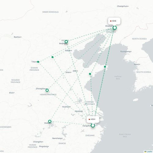 Mapa lotu bezpośredniego Hangzhou – Shenyang