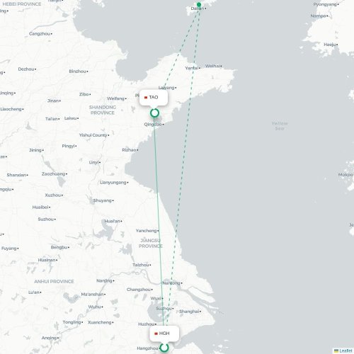 Mapa lotu bezpośredniego Hangzhou – Qingdao
