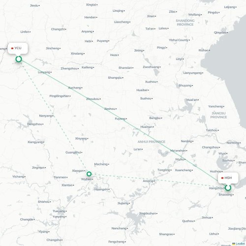 Mapa lotu bezpośredniego Hangzhou – Yuncheng