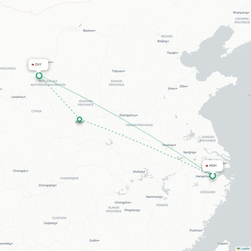 Mapa lotu bezpośredniego Hangzhou – Zhongwei
