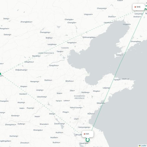 Mapa de vuelo directo Huai'an - Shenyang