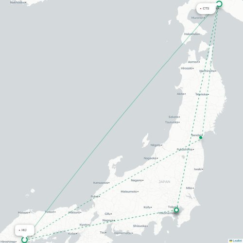 Mapa de vuelo directo Hiroshima - Sapporo