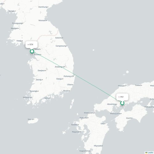 Mapa lotu bezpośredniego Hiroszima – Inczhon