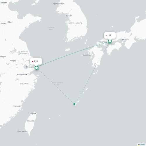 Mapa lotu bezpośredniego Hiroszima – Szanghaj
