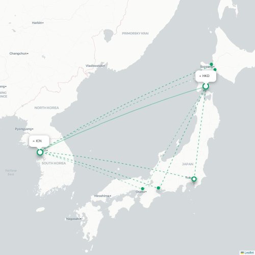 Mapa lotu bezpośredniego Hakodate – Inczhon