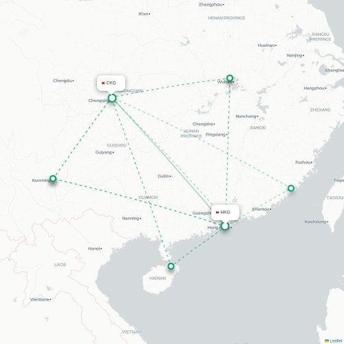 Mapa lotu bezpośredniego Hongkong – Chongqing