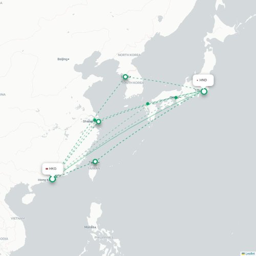 Mapa lotu bezpośredniego Hongkong – Tokio