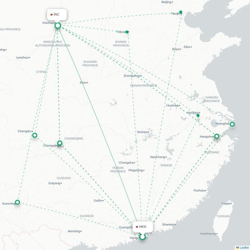 Mapa de vuelo directo Hong Kong - Yinchuan