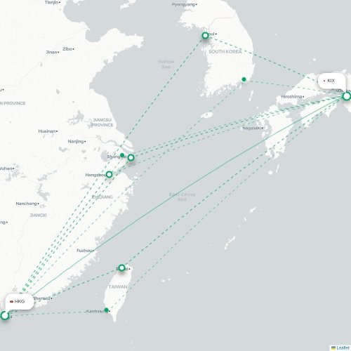 Mapa lotu bezpośredniego Hongkong – Osaka