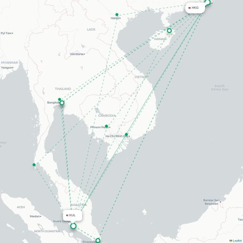 Mapa lotu bezpośredniego Hongkong – Kuala Lumpur